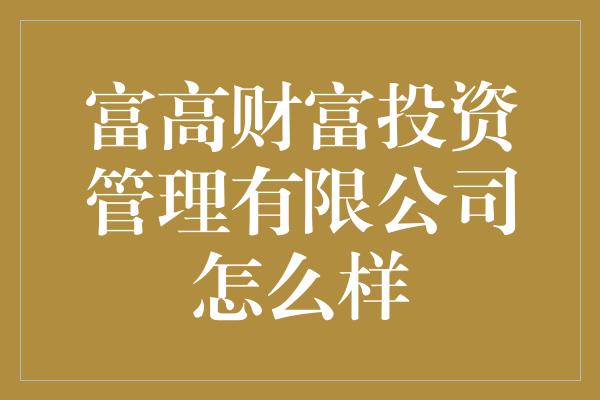 富高财富投资管理有限公司怎么样